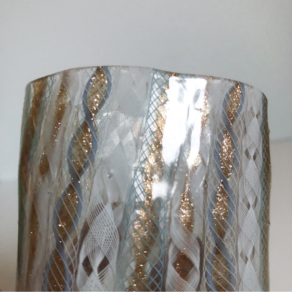 Beautiful antique vtg art glass latticino ribbon copper mica vessel Murano?